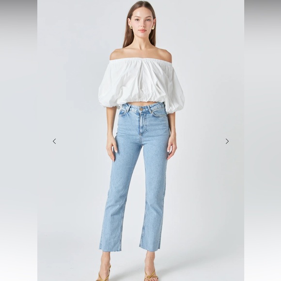 Endless Rose Cropped V-Neckline Puff Top white size large 100% cotton NWT - Picture 1 of 11